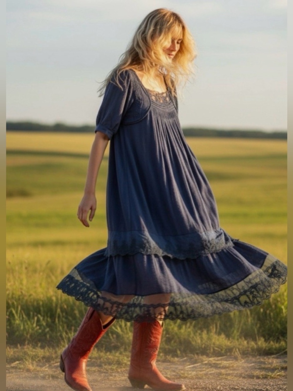 SOLD. FREE PEOPLE Calder Midi Dress in Skipper Blue / Navy Blue size small - Picture 5 of 15